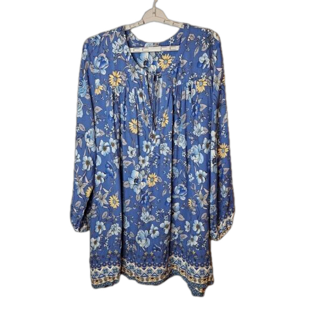 Refinity City Chic Womens Tunic Top Size XL Blue Floral Tie Neck Long Sleeve